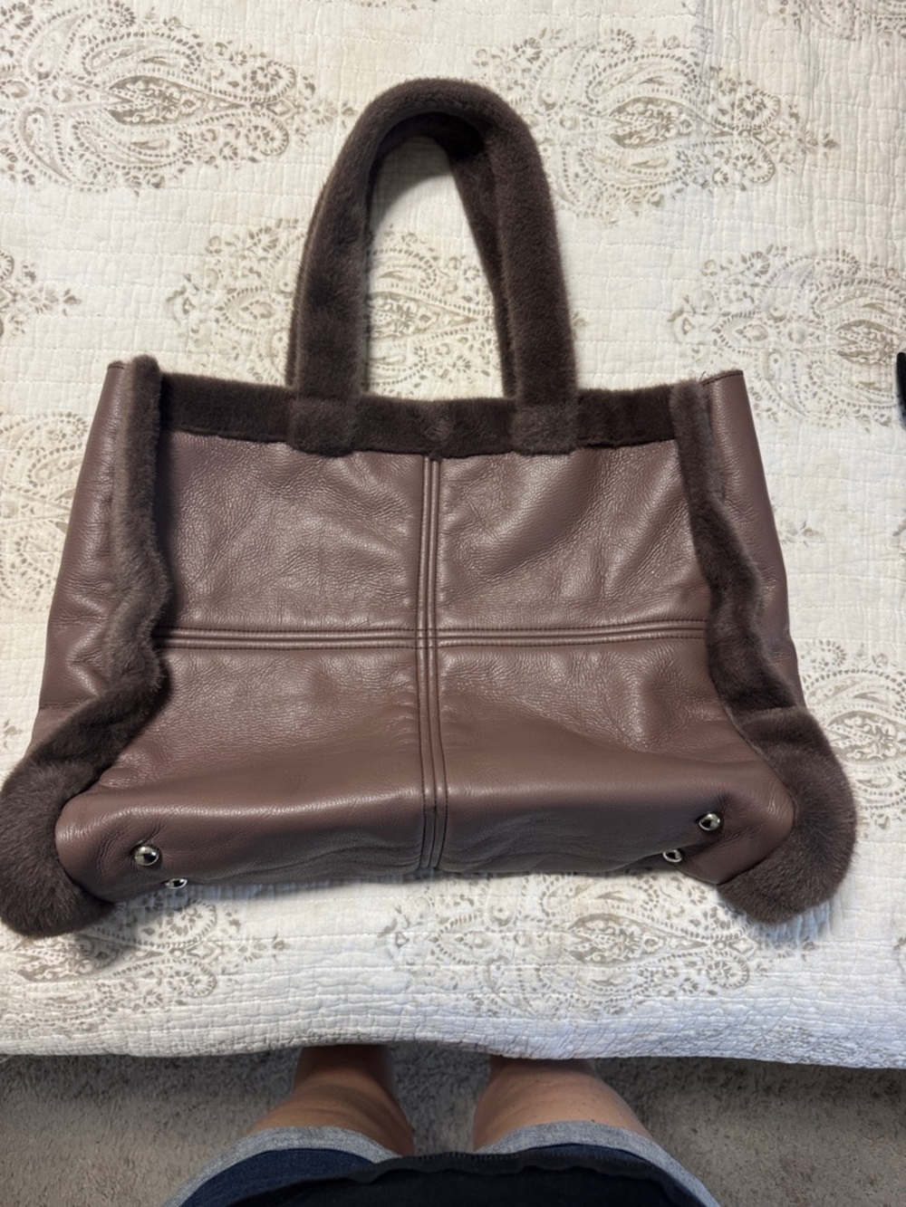Plush-Trim Brown Leather Tote Bag